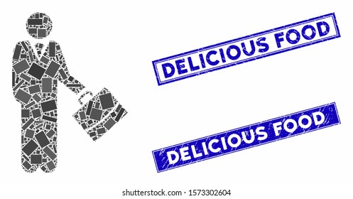 Mosaic standing businessman pictogram and rectangular Delicious Food stamps. Flat vector standing businessman mosaic pictogram of scattered rotated rectangular elements.