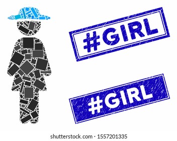 Mosaic standing lady pictogram and rectangular seal stamps. Flat vector standing lady mosaic pictogram of scattered rotated rectangle elements. Blue caption seal stamps with grunge surface.