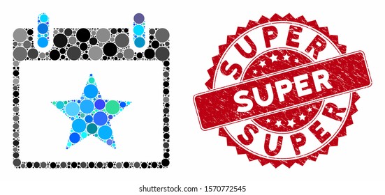 Mosaic Star Calendar Day And Corroded Stamp Seal With Super Phrase. Mosaic Vector Is Composed With Star Calendar Day Icon And With Randomized Spheric Items. Super Stamp Seal Uses Red Color,