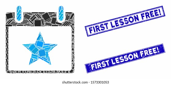 Mosaic star calendar day icon and rectangle First Lesson Free! rubber prints. Flat vector star calendar day mosaic icon of scattered rotated rectangle items.