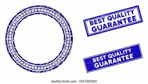 Mosaic star circle frame icon and rectangle seal stamps. Flat vector star circle frame mosaic icon of random rotated rectangle items. Blue caption rubber stamps with distress textures.
