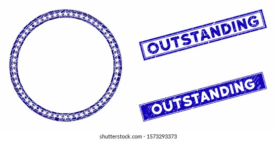 Mosaic star circle frame icon and rectangle Outstanding stamps. Flat vector star circle frame mosaic icon of random rotated rectangle items. Blue Outstanding seals with rubber surface.