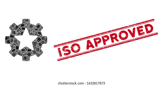Mosaic star favorites options gear icon and red ISO Approved stamp between double parallel lines. Flat vector star favorites options gear mosaic icon of scattered rotated rectangular elements.