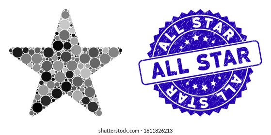 Mosaic Star Icon And Grunge Stamp Seal With All Star Text. Mosaic Vector Is Formed From Star Icon And With Scattered Round Elements. All Star Stamp Uses Blue Color, And Grunge Design.