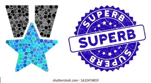Mosaic star medal icon and corroded stamp seal with Superb caption. Mosaic vector is designed with star medal icon and with scattered spheric spots. Superb stamp uses blue color,