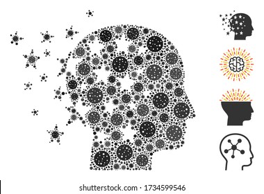 Mosaic star mind designed from coronavirus icons in different sizes and color hues. Vector pathogen icons are arranged into abstract mosaic star mind icon. Some bonus icons are added.
