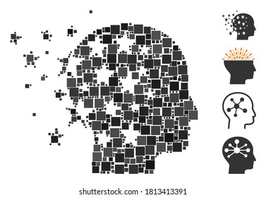 Mosaic Star mind icon constructed from square items in different sizes and color hues. Vector square items are grouped into abstract mosaic star mind icon. Bonus icons are added.