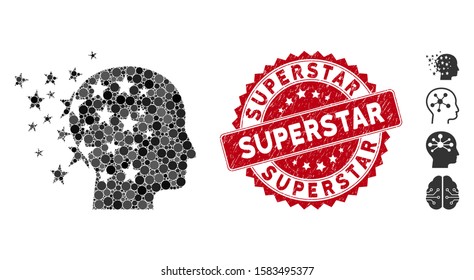 Mosaic star mind icon and corroded stamp seal with Superstar text. Mosaic vector is created from star mind icon and with scattered spheric items. Superstar stamp seal uses red color,