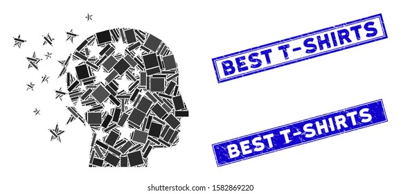 Mosaic star mind icon and rectangle Best T-Shirts seal stamps. Flat vector star mind mosaic icon of scattered rotated rectangle elements. Blue Best T-Shirts stamps with distress textures.