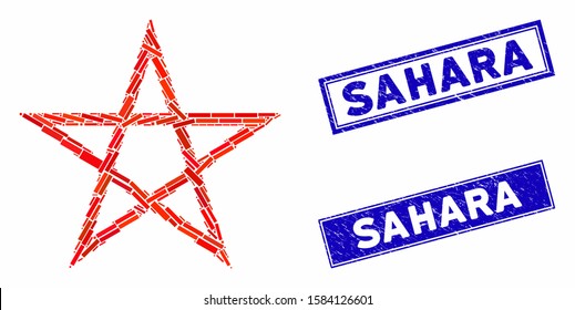 Mosaic star pentagram icon and rectangular Sahara rubber prints. Flat vector star pentagram mosaic icon of randomized rotated rectangular items. Blue Sahara rubber seals with scratched textures.