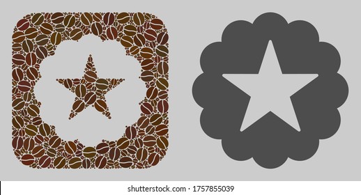 Mosaic star quality sticker with coffee beans and basic icon. Stencil mosaic star quality sticker is designed with cocoa beans. Flat vector illustrations elements for coffeeshop illustrations.