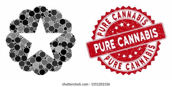 Mosaic star quality sticker and corroded stamp seal with Pure Cannabis caption. Mosaic vector is formed with star quality sticker icon and with random circle items.