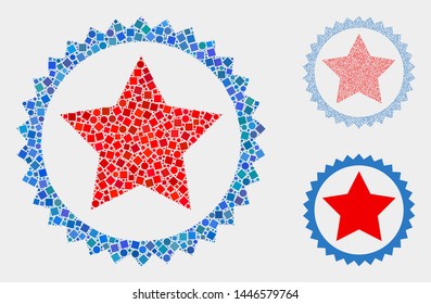 Mosaic Star seal stamp icon united from spheric and square elements in variable sizes, positions and proportions.