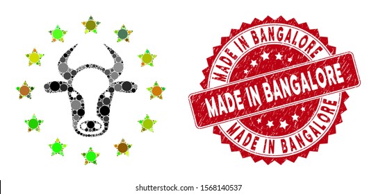 Mosaic starred bull and grunge stamp seal with Made in Bangalore phrase. Mosaic vector is created with starred bull icon and with random round spots. Made in Bangalore stamp uses red color,
