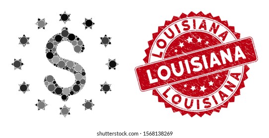 Mosaic starred dollar and corroded stamp watermark with Louisiana caption. Mosaic vector is designed with starred dollar icon and with random spheric items. Louisiana stamp seal uses red color,