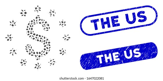 Mosaic starred dollar and distressed stamp seals with The Us phrase. Mosaic vector starred dollar is formed with scattered elliptic spots. The Us seals use blue color, and have round rectangle shape.