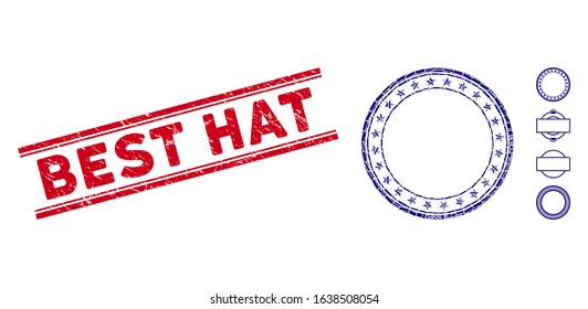 Mosaic starred round frame icon and red Best Hat seal between double parallel lines. Flat vector starred round frame mosaic icon of randomized rotated rectangular items.