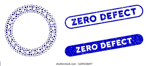 Mosaic stars round frame and grunge stamp seals with Zero Defect text. Mosaic vector stars round frame is designed with random oval spots. Zero Defect stamp seals use blue color,