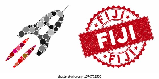 Mosaic starship and distressed stamp watermark with Fiji text. Mosaic vector is formed with starship icon and with scattered circle items. Fiji stamp uses red color, and rubber surface.