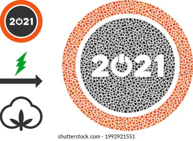 Mosaic Start 2021 Rundtasten Symbol bestehend aus zitternden Stücken in verschiedenen Größen, Positionen und Proportionen. Vektorgesprenkte Flecken sind in abstraktes Mosaik ab 2021 runde Button Icon organisiert.