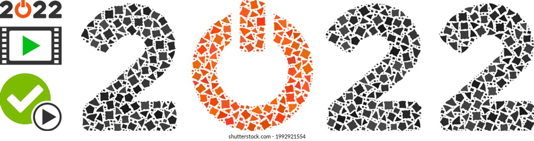 Mosaic Start 2022 caption icon designed from raggy spots in various sizes, positions and proportions. Vector bumpy spots are combined into abstract collage start 2022 caption icon.