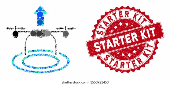 Mosaic start drone and grunge stamp seal with Starter Kit caption. Mosaic vector is designed with start drone icon and with randomized circle spots. Starter Kit stamp seal uses red color,