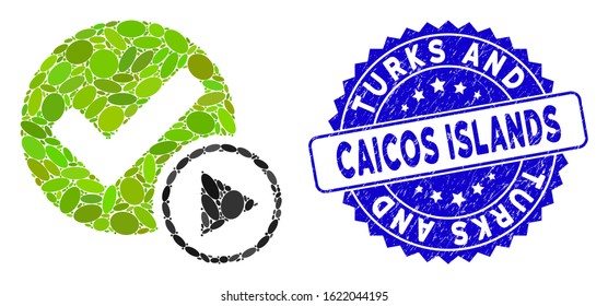 Mosaic start of validity icon and rubber stamp watermark with Turks and Caicos Islands caption. Mosaic vector is composed with start of validity icon and with scattered ellipse elements.