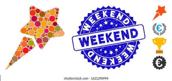 Mosaic starting star icon and distressed stamp seal with Weekend phrase. Mosaic vector is created with starting star pictogram and with scattered round elements. Weekend seal uses blue color,