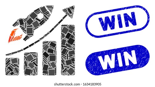 Mosaic startup rocket growth chart and grunge stamp seals with Win caption. Mosaic vector startup rocket growth chart is designed with scattered rectangles. Win stamp seals use blue color,