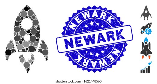 Mosaic startup rocket icon and grunge stamp seal with Newark phrase. Mosaic vector is composed from startup rocket icon and with scattered round items. Newark stamp seal uses blue color,