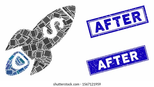 Mosaic startup rocket launch pictogram and rectangle seal stamps. Flat vector startup rocket launch mosaic icon of randomized rotated rectangle items. Blue caption seal stamps with scratched texture.