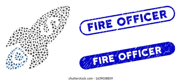 Mosaic startup rocket launch and rubber stamp seals with Fire Officer phrase. Mosaic vector startup rocket launch is composed with scattered ellipse dots.  