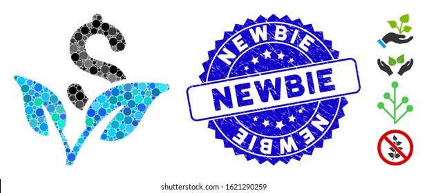 Mosaic startup sprout icon and distressed stamp seal with Newbie caption. Mosaic vector is composed with startup sprout icon and with scattered round elements. Newbie stamp seal uses blue color,