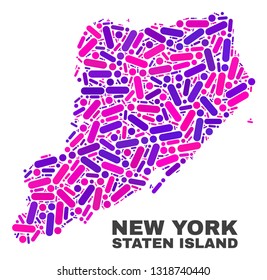 Mosaic Staten Island map isolated on a white background. Vector geographic abstraction in pink and violet colors. Mosaic of Staten Island map combined of scattered round dots and lines.