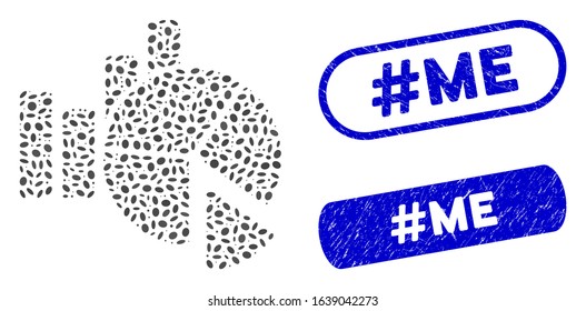 Mosaic statistics and grunge stamp seals with #Me phrase. Mosaic vector statistics is created with random elliptic parts. #Me stamp seals use blue color, and have round rectangle shape.