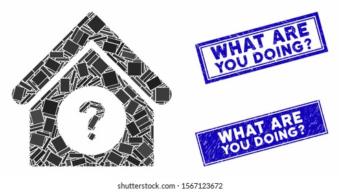 Mosaic status building pictogram and rectangle stamps. Flat vector status building mosaic pictogram of randomized rotated rectangular items. Blue caption rubber stamps with dirty textures.