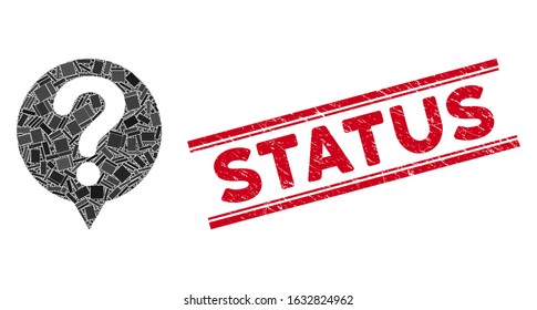 Mosaic status icon and red Status seal stamp between double parallel lines. Flat vector status mosaic icon of random rotated rectangular items. Red Status seal stamp with rubber surface.