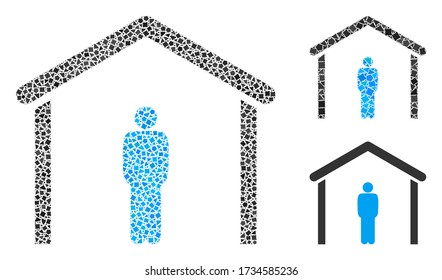 Mosaic Stay home icon united from uneven spots in different sizes, positions and proportions. Vector trembly pieces are united into abstract mosaic stay home icon.