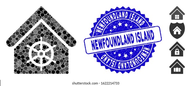 Mosaic steering wheel house icon and distressed stamp seal with Newfoundland Island phrase. Mosaic vector is created with steering wheel house icon and with random circle spots.