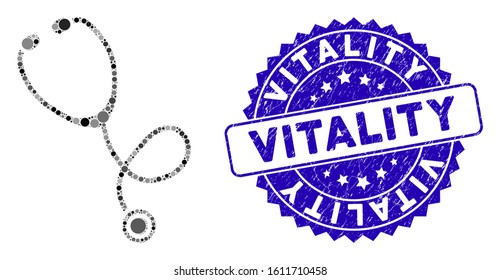 Mosaic stethoscope icon and rubber stamp seal with Vitality text. Mosaic vector is created with stethoscope icon and with randomized round spots. Vitality stamp seal uses blue color,