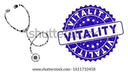 Mosaic stethoscope icon and rubber stamp seal with Vitality text. Mosaic vector is created with stethoscope icon and with randomized round spots. Vitality stamp seal uses blue color,