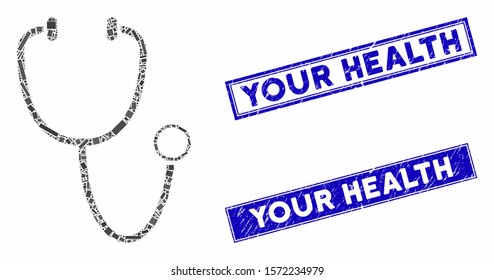 Mosaic stethoscope pictogram and rectangular Your Health seals. Flat vector stethoscope mosaic icon of scattered rotated rectangular elements. Blue Your Health rubber stamps with rubber texture.
