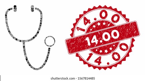 Mosaic stethoscope and rubber stamp seal with 14.00 text. Mosaic vector is composed with stethoscope icon and with scattered circle spots. 14.00 stamp seal uses red color, and grunged design.