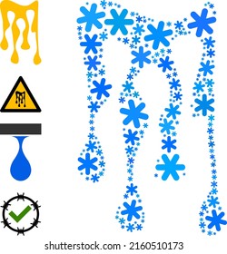 Mosaic sticky honey drops icon is constructed for winter, New Year, Christmas. Sticky honey drops icon mosaic is constructed with light blue snowflakes. Some similar icons are added.