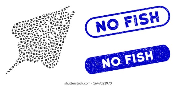Mosaic stingray fish and corroded stamp seals with No Fish phrase. Mosaic vector stingray fish is composed with randomized elliptic spots. No Fish stamp seals use blue color,