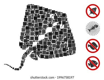 Mosaic Stingray fish icon organized from square elements in various sizes and color hues. Vector square elements are organized into abstract collage stingray fish icon. Bonus pictograms are placed.