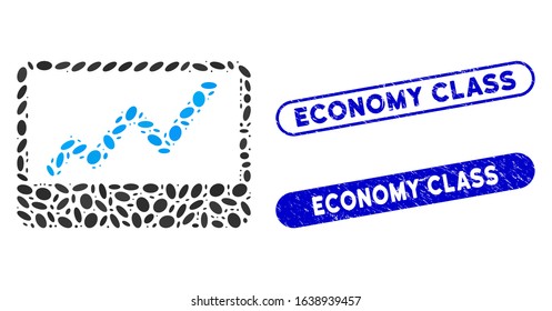 Mosaic stock market chart and corroded stamp seals with Economy Class text. Mosaic vector stock market chart is designed with randomized elliptic spots. Economy Class stamp seals use blue color,