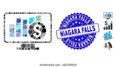 Mosaic stock market monitoring icon and rubber stamp seal with Niagara Falls caption. Mosaic vector is formed with stock market monitoring icon and with scattered round spots.