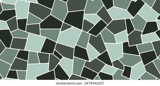 Mosaico patrón de baldosas geométricas de piedra o pavimento de fondo de piezas de cerámica de Vector. Patrón de piedras abstractas verdes de forma geométrica abstracta, tejas rotas y fragmentos de pavimento aleatorios irregulares