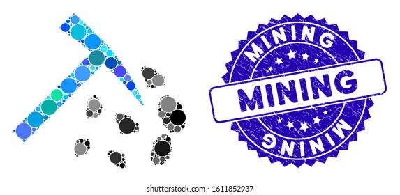 Mosaic stone mining hammer icon and distressed stamp seal with Mining phrase. Mosaic vector is composed with stone mining hammer icon and with randomized circle items.